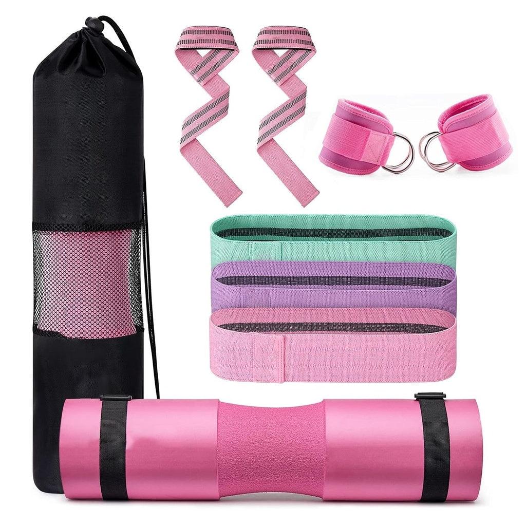 Barbell Squat Pad set,2 Safety Straps, 3 Hip Resistance Bands, 2 Lifting Strap, Barbell Pad and Bag (Pink)