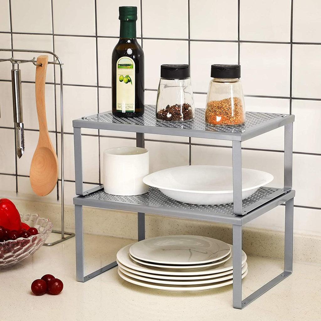 Cabinet Shelf Organizers Set of 2 Metal Kitchen Counter Shelves Silver