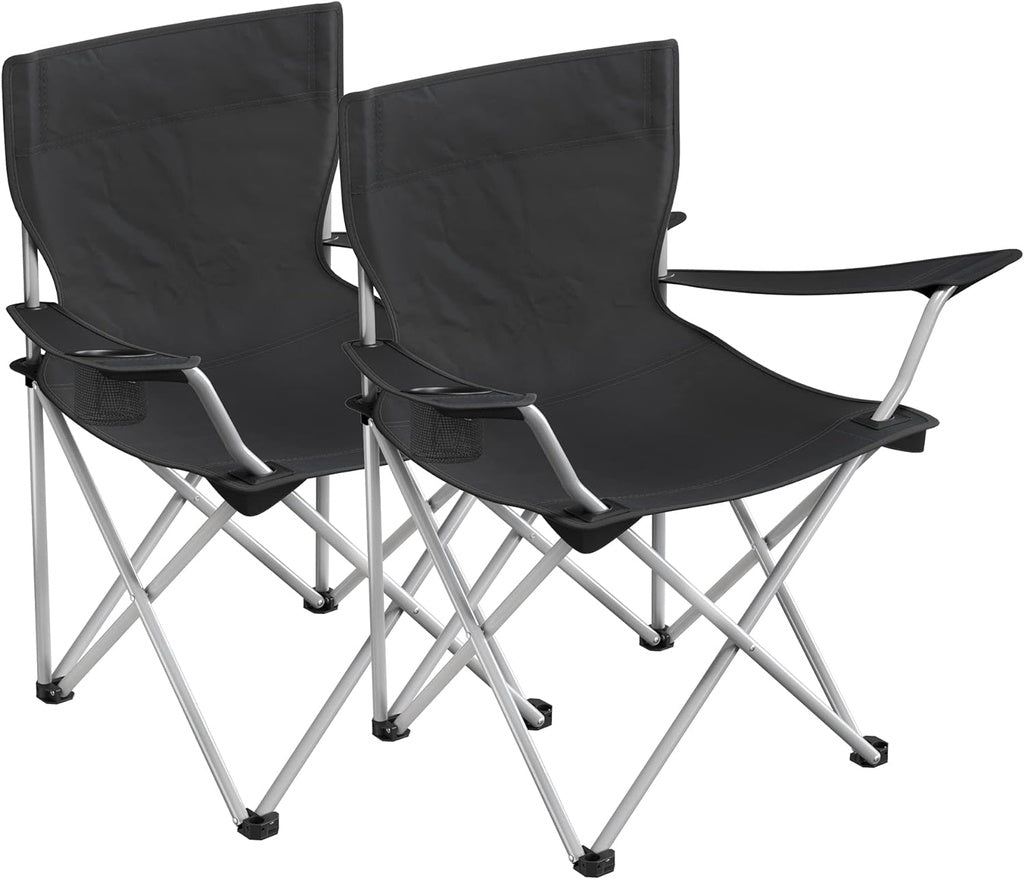 Set of 2 Folding Camping Outdoor Chairs with Armrests and Cup Holders Black GCB01BK