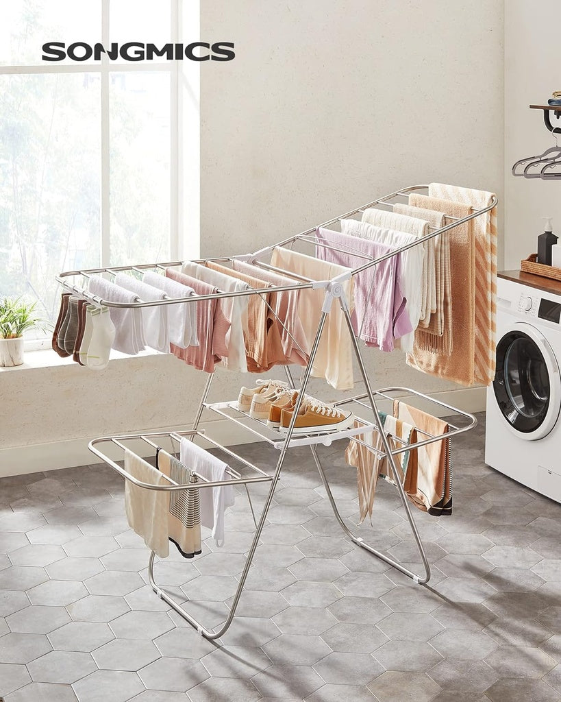 Foldable 2-Level Large Clothes Drying Rack with Adjustable Wings 33 Drying Rails and Clips Silver and White