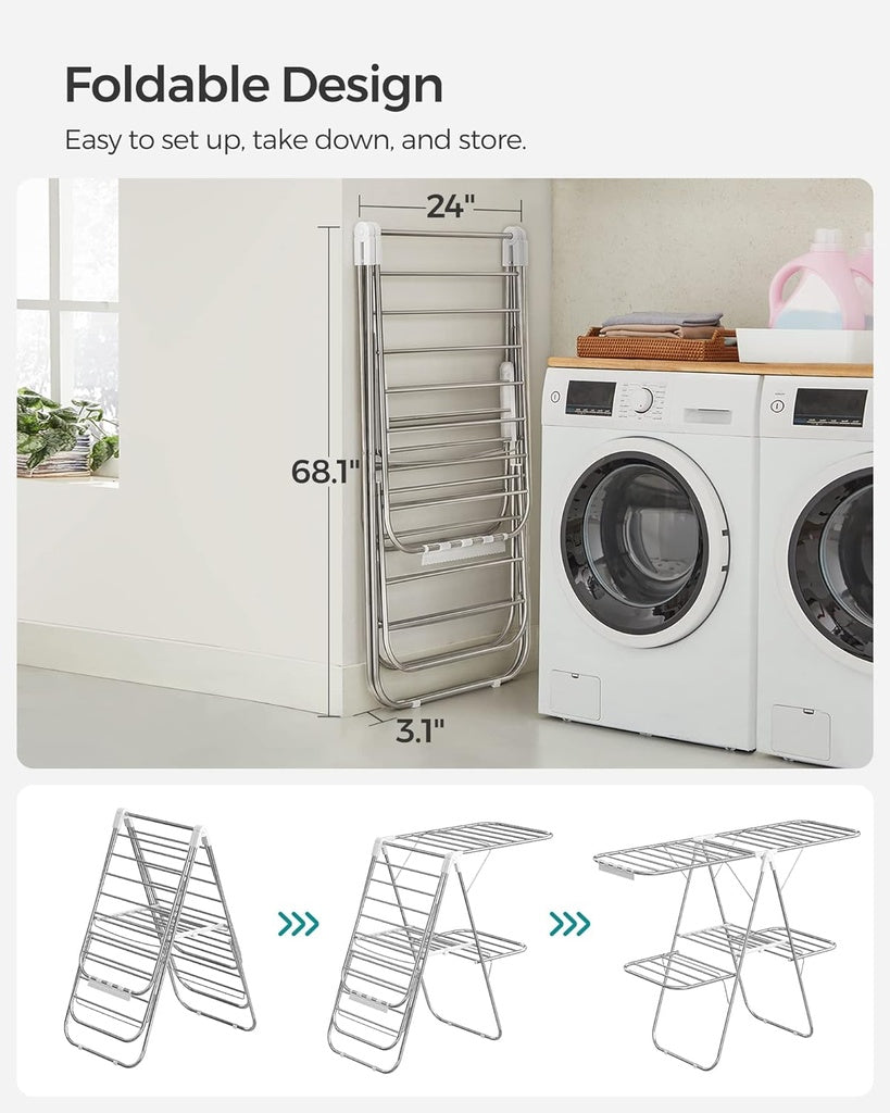 Foldable 2-Level Large Clothes Drying Rack with Adjustable Wings 33 Drying Rails and Clips Silver and White