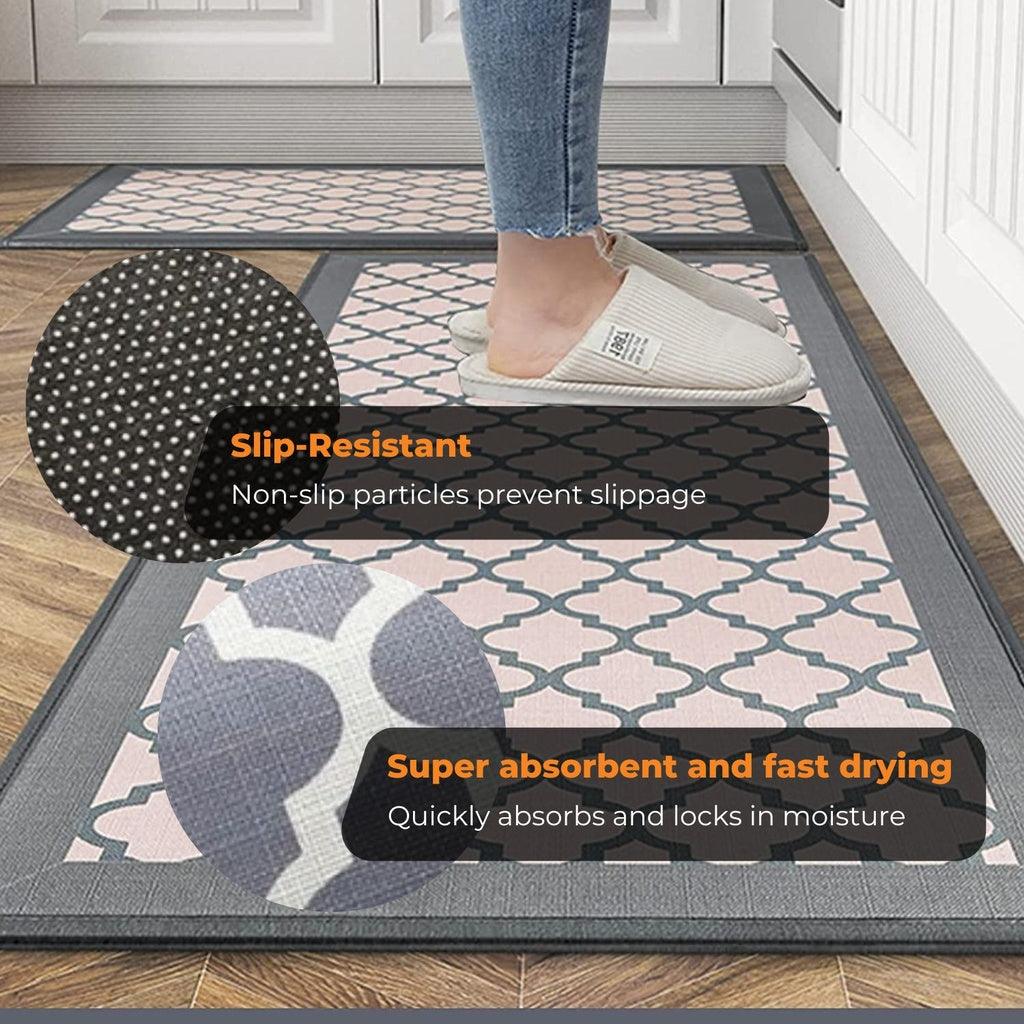 2 PCS Washable Non Slip Absorbent Kitchen Floor Mat (44x80+44x180cm, Grey Lucky Clover)