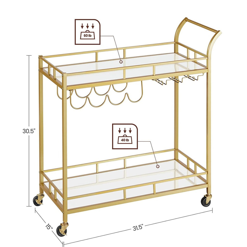 Gold Bar Serving Wine Cart With Wheels And Wine Bottle Holders