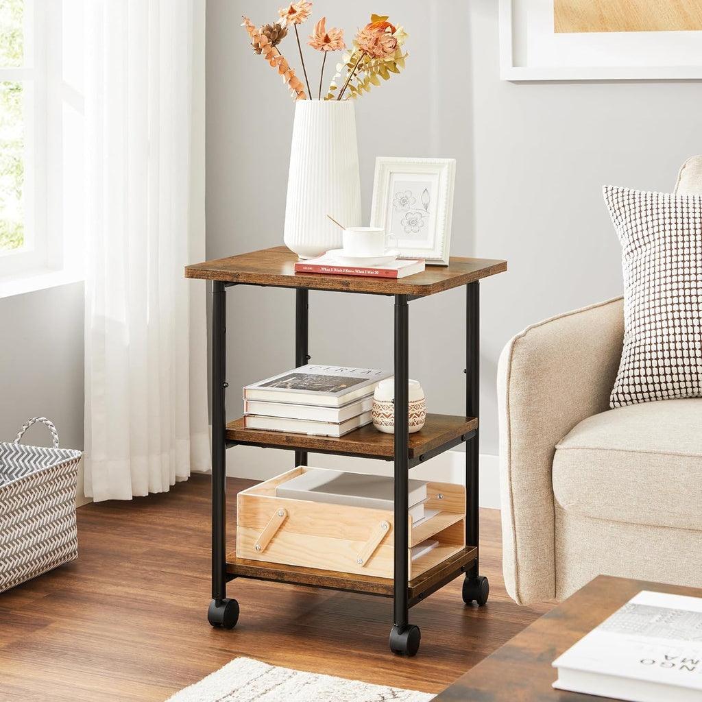 3-Tier Machine Cart with Wheels and Adjustable Table Top Rustic Brown and Black