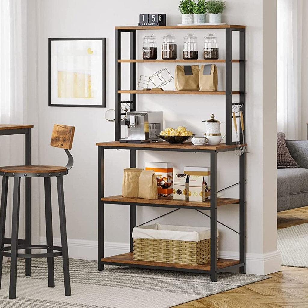 6 Tier Storage Shelves with 6 Hooks Rustic Brown and Black