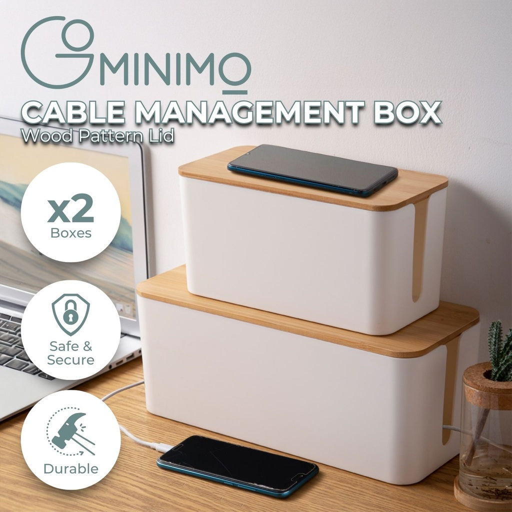 set of Two Cable Management Box with Bamboo Lid (White)