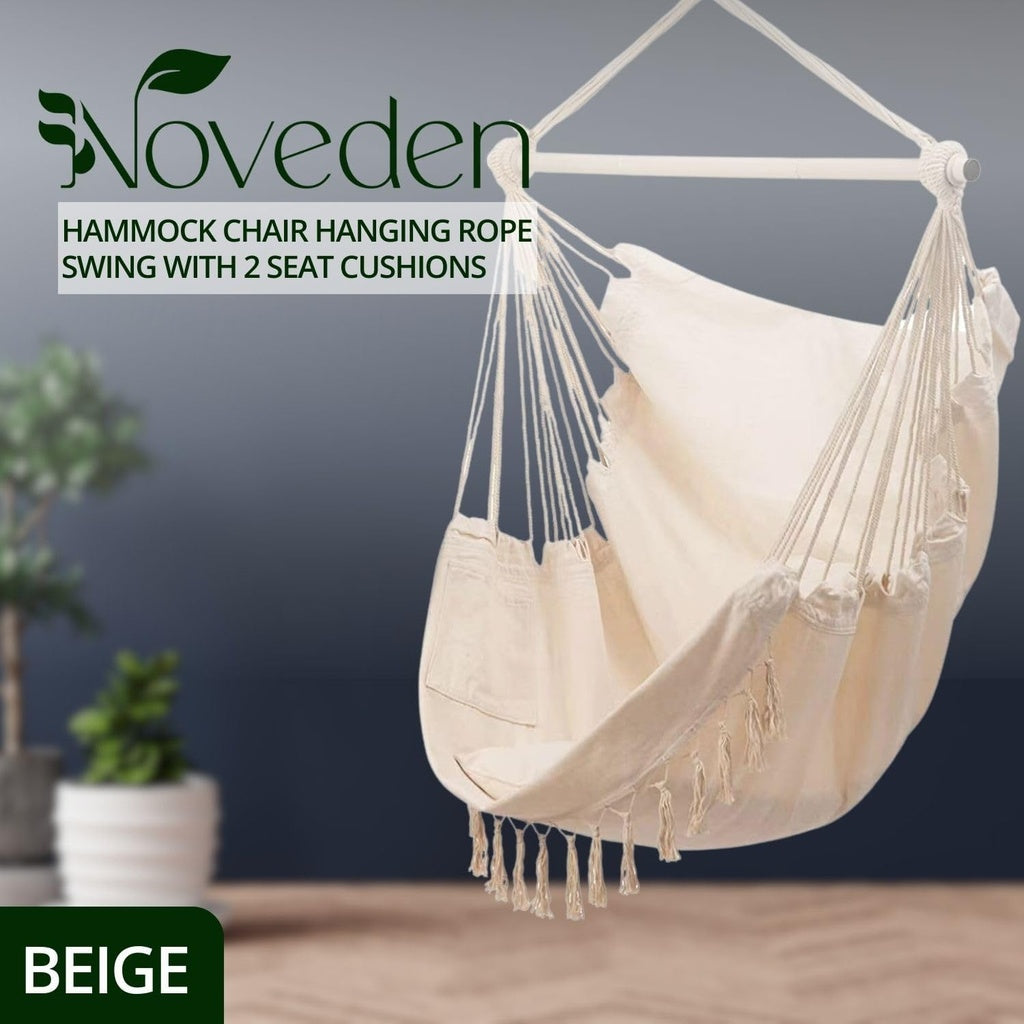 Hammock Chair Swing with Cushion and Pillow Weather-Resistant, Easy Assembly, 360° Rotation, Sturdy, Beige