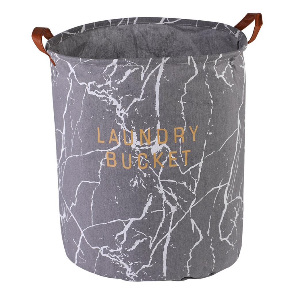 Laundry Basket Round Foldable Grey Marble