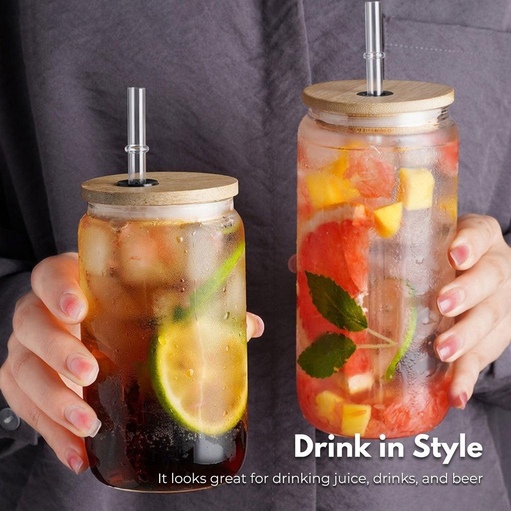 6 Pcs Clear Drinking Glasses with Bamboo Lids and Glass Straw 16 Oz