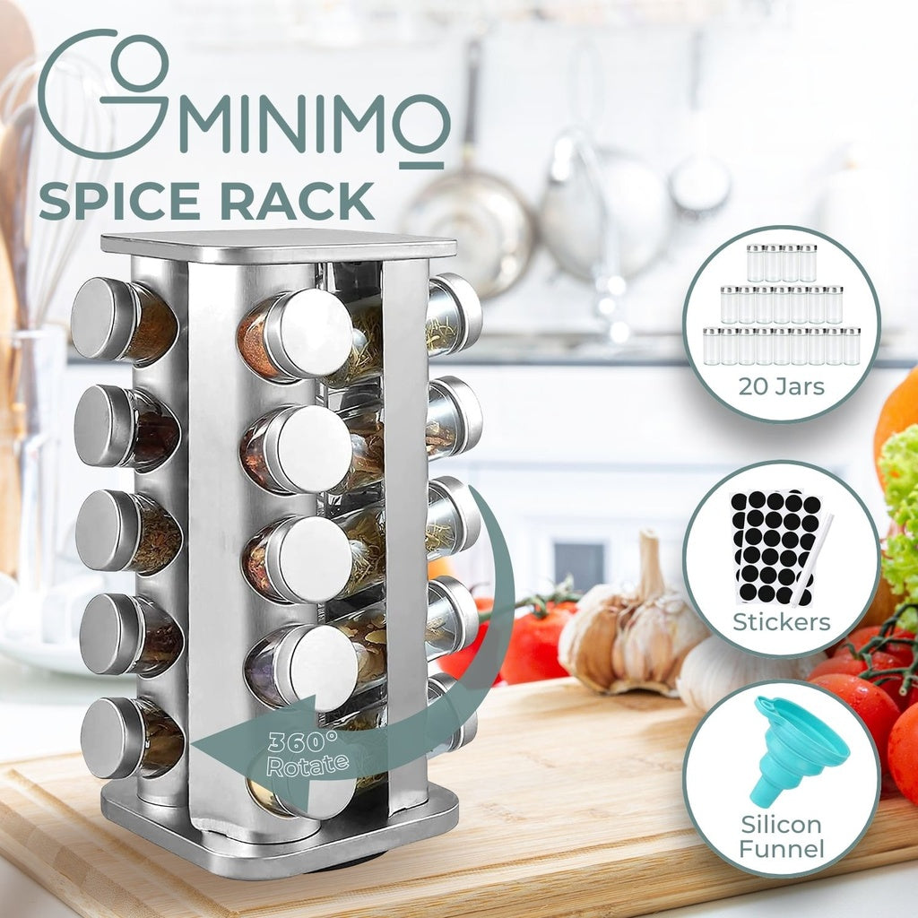 Quadrate Rotating Spice Rack Organizer (20 Jars) with Label Sticker and Silicone Funnel