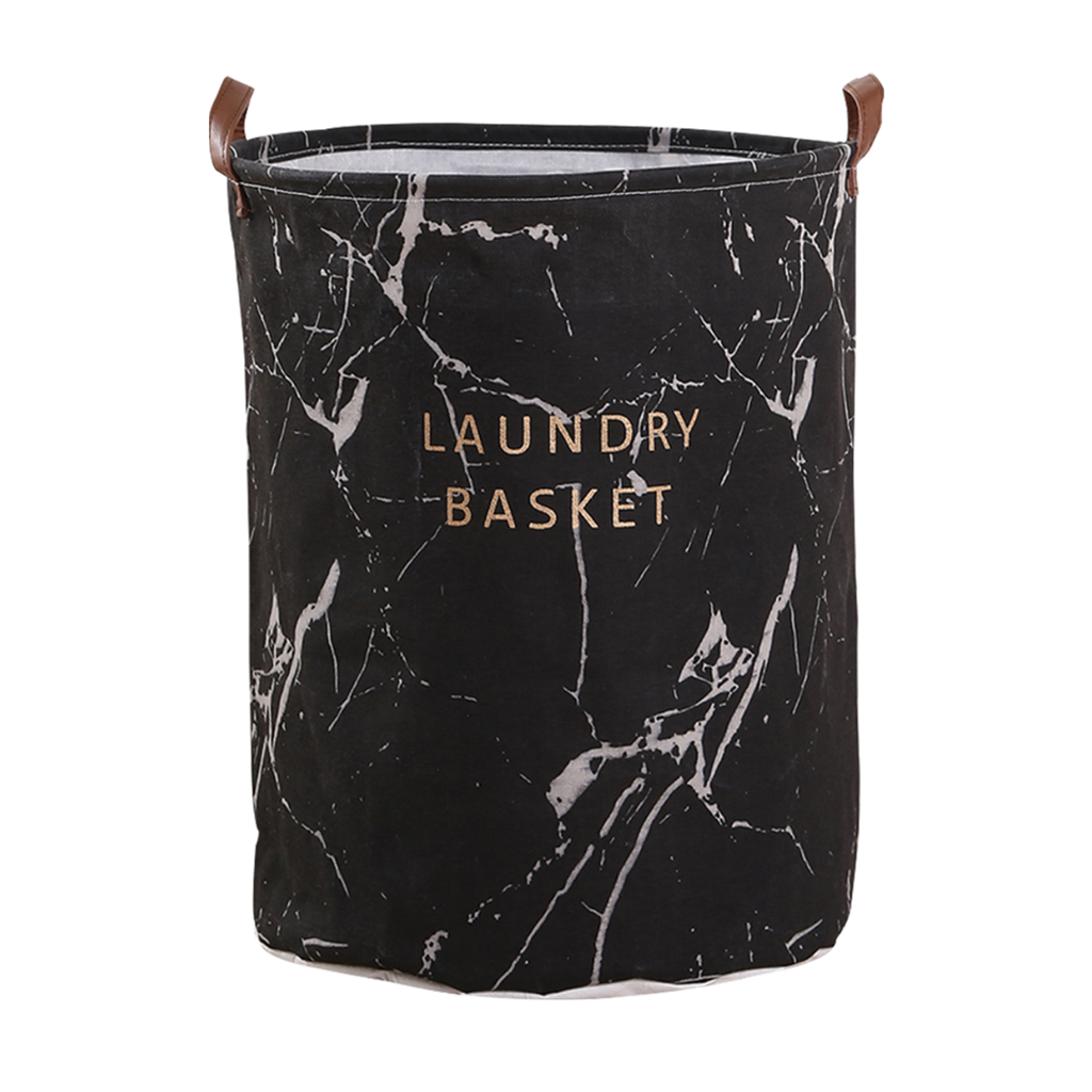 Laundry Basket Round Foldable Black Marble Design