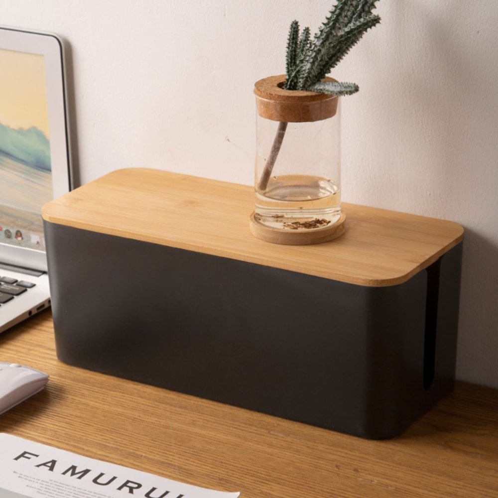 Set of Two Cable Management Box with Wood Pattern Lid, Black