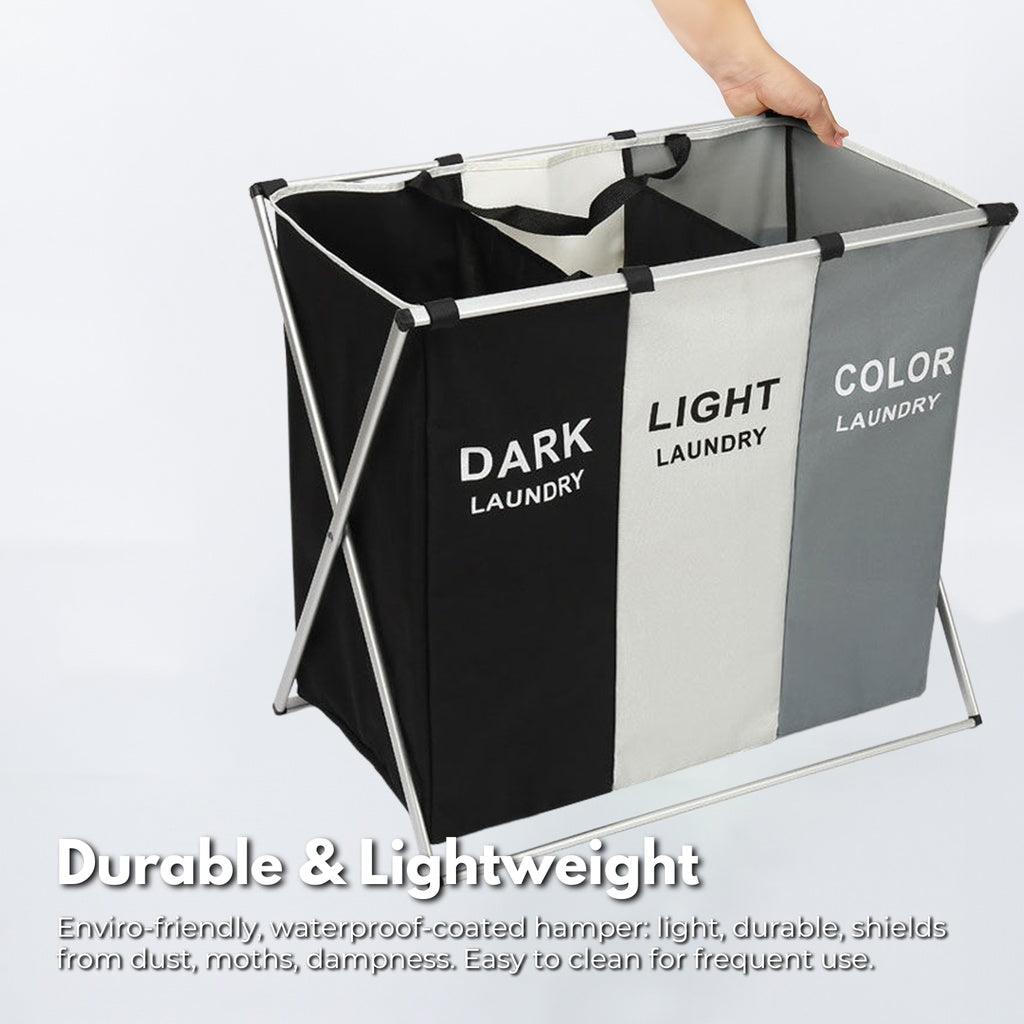 135L Foldable Laundry Cloth Hamper with 3 Sections White + Grey + Black