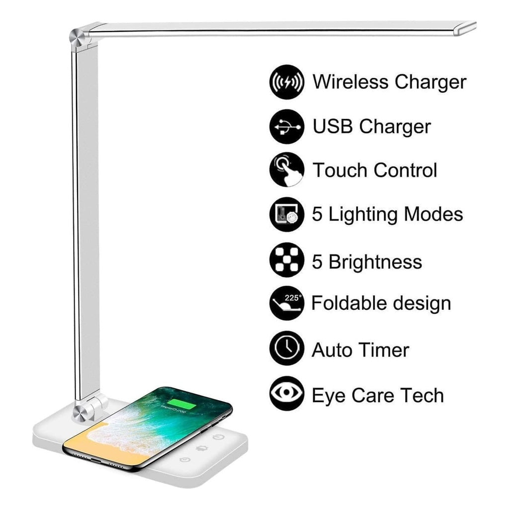 LED Desk Lamp with Wireless Charger & USB Charging Port with 5 Brightness Levels & 5 Lighting Modes (White)