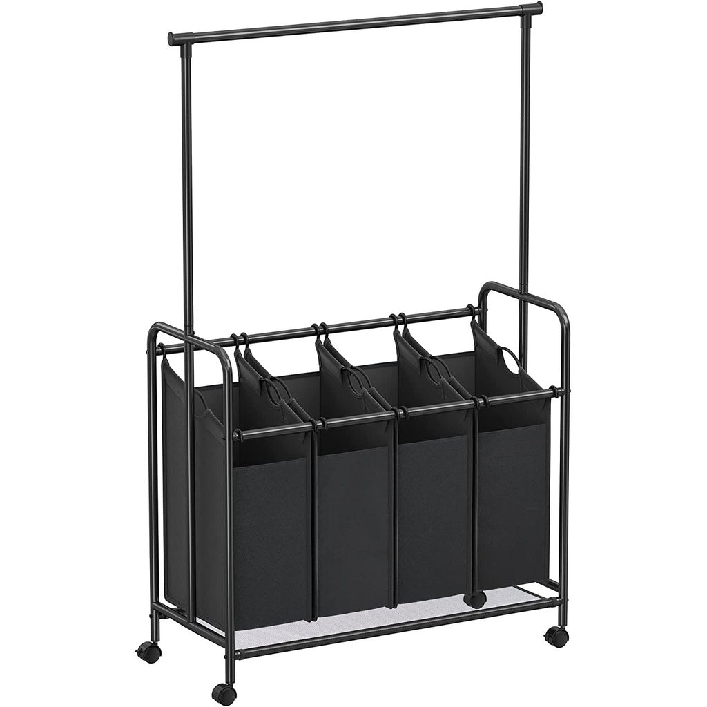 4-Bag Laundry Sorter Rolling Cart with Hanging Bar Heavy-Duty Wheels Black