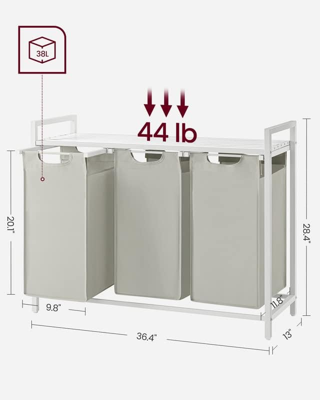 Laundry Hamper with Shelf and Pull-Out Bag 3 x 38L White