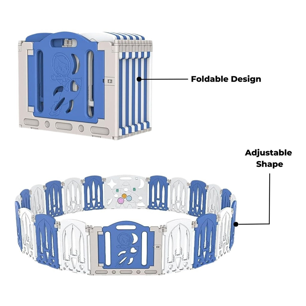 Foldable Baby Playpen with 16 Panels (White Blue)