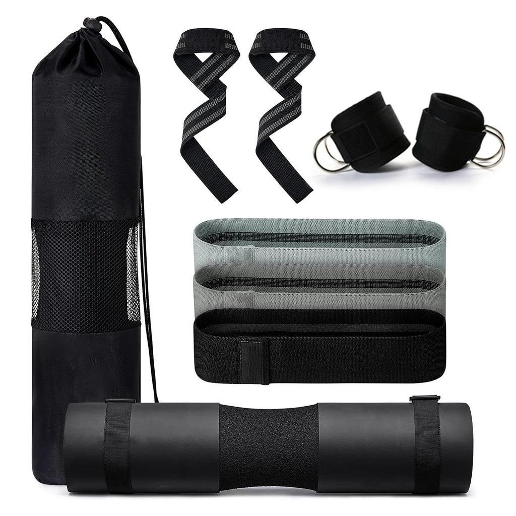 Barbell Squat Pad set,2 Safety Straps, 3 Hip Resistance Bands, 2 Lifting Strap, Barbell Pad and Bag (Black)