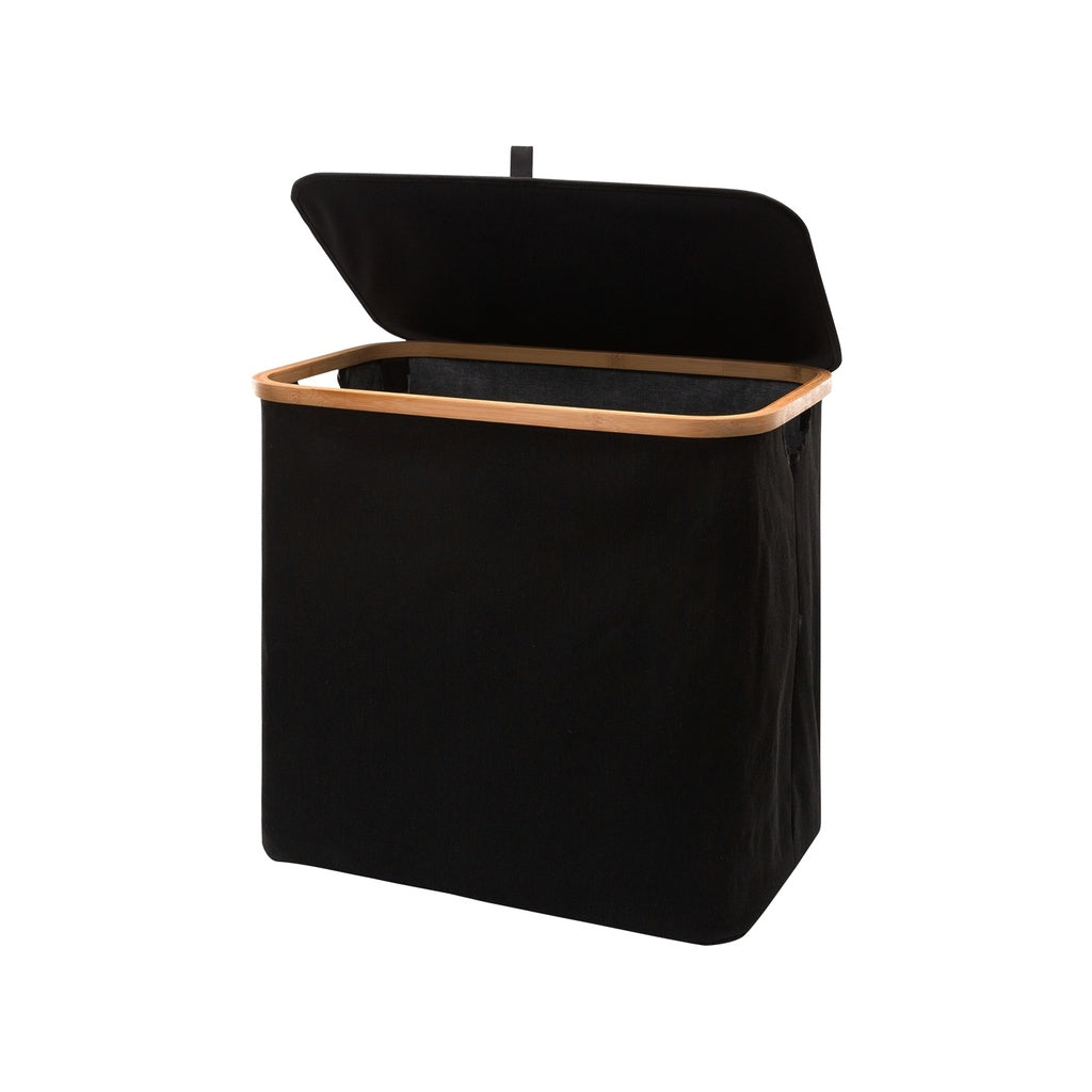 Folding Bamboo & Canvas Laundry Hamper with Single Lid Black