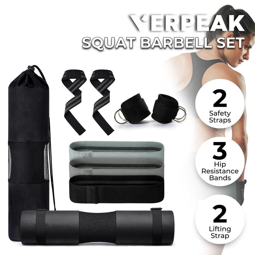 Barbell Squat Pad set,2 Safety Straps, 3 Hip Resistance Bands, 2 Lifting Strap, Barbell Pad and Bag (Black)