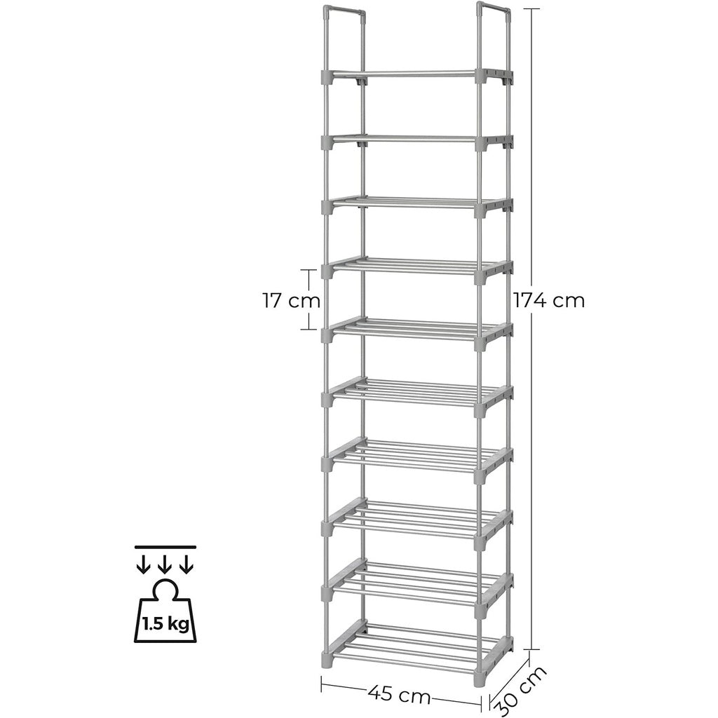 10-Tier Metal Shoe Rack Customizable Design Grey