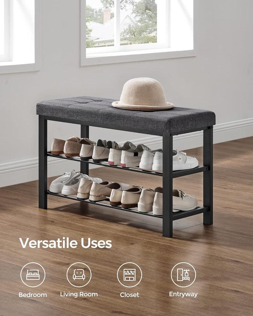 3-Tier Metal Shoe Bench Storage Organizer with Foam Padded Seat Dark Grey and Black