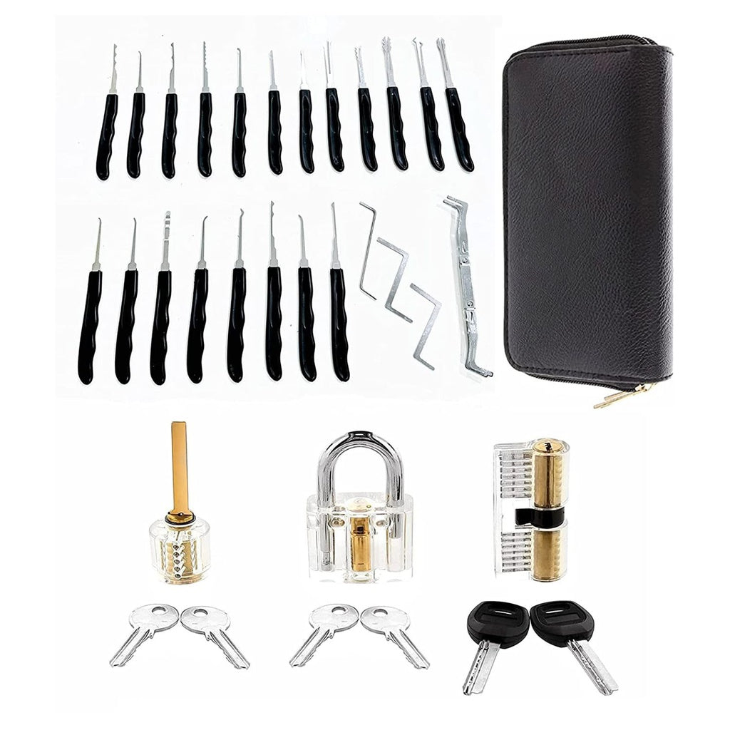 34 Pcs Lock Picking Kit with 3 Transparent Practice Training Padlocks 6 Keys and a Carrying Bag (Black) GO-LPK-100-RYT