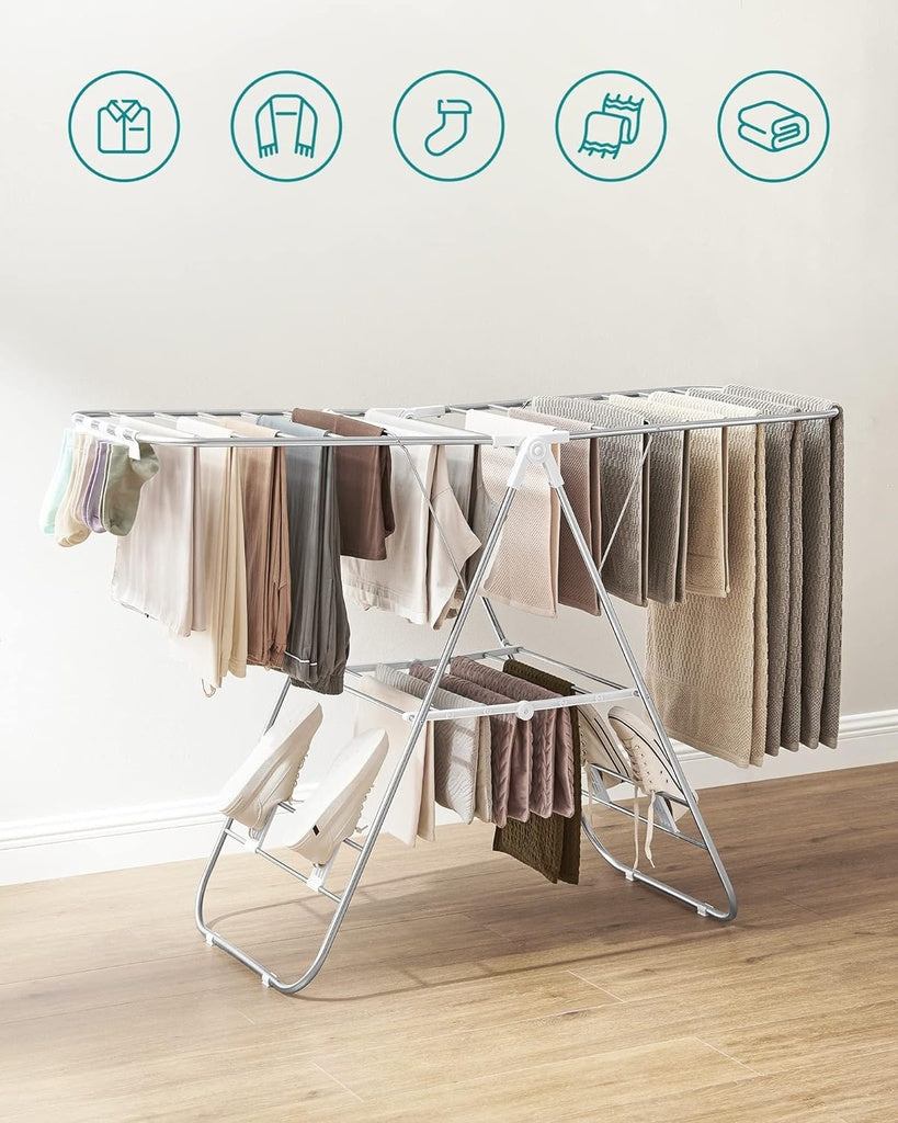 Foldable Clothes Drying Rack with Adjustable Wings Stainless Steel White and Silver