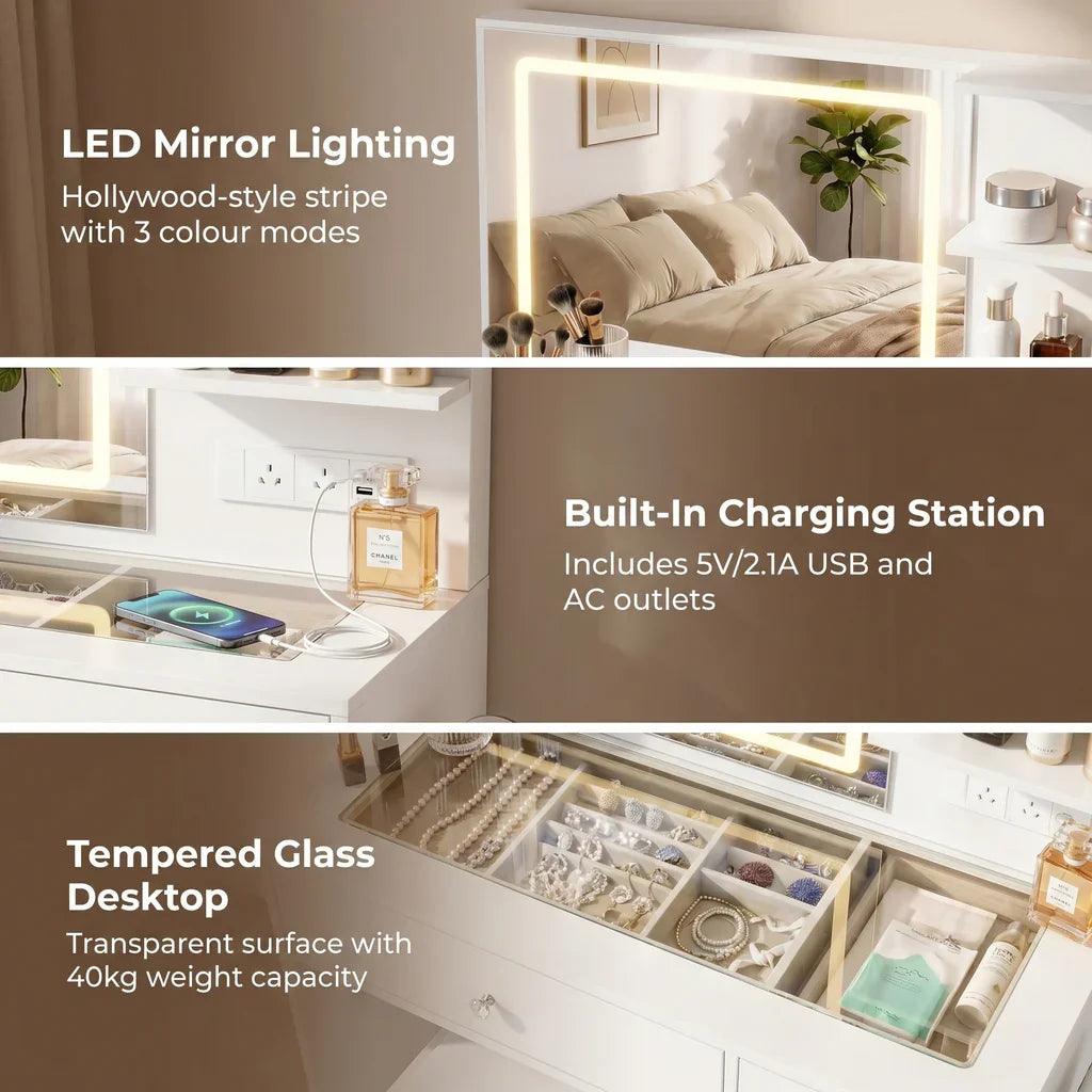 LED Dressing Table – Hollywood Makeup Mirror, Glass Top, 5 Drawers, Charging Station
