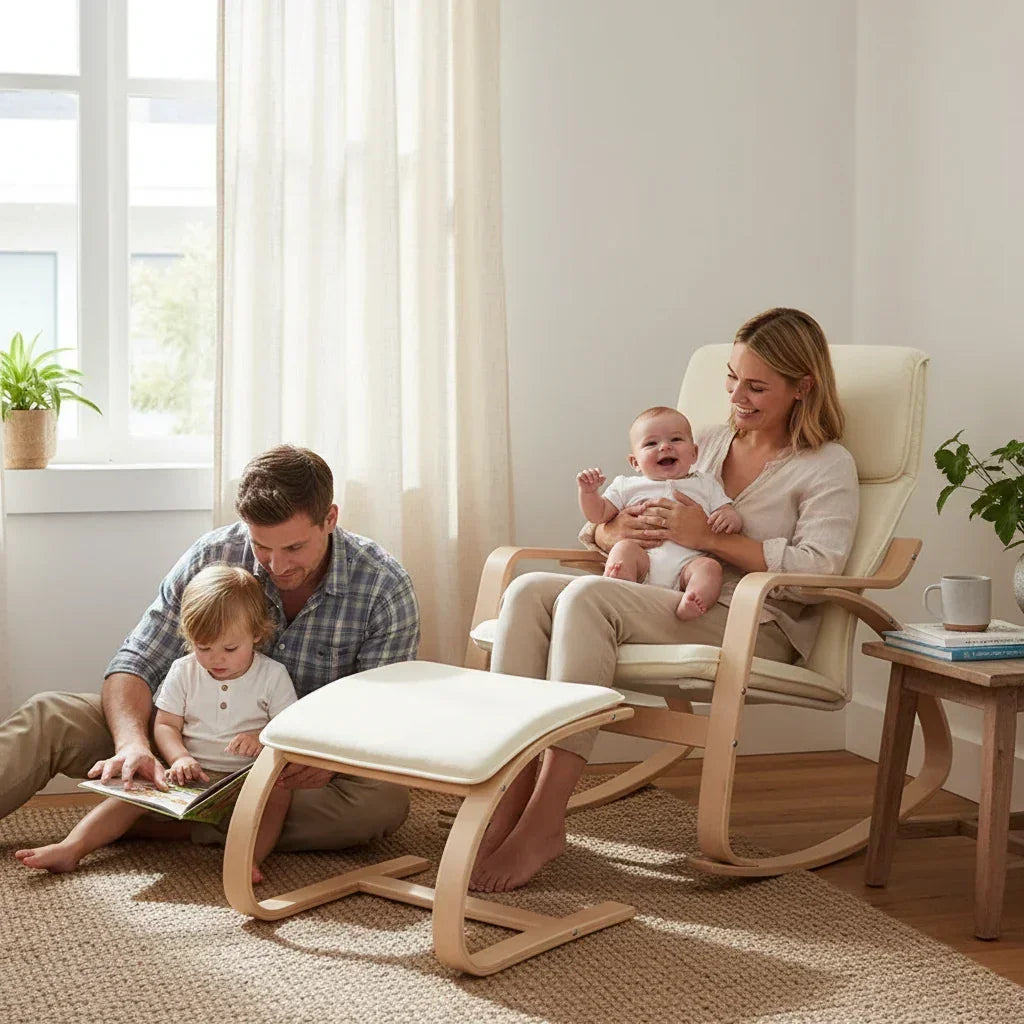 Bentwood Rocking Armchair – Birch Plywood Frame, Cotton Cover, Beige