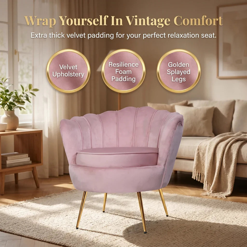 Velvet Shell Accent Armchair – Pink, Gold Legs, 150kg, Scallop Back