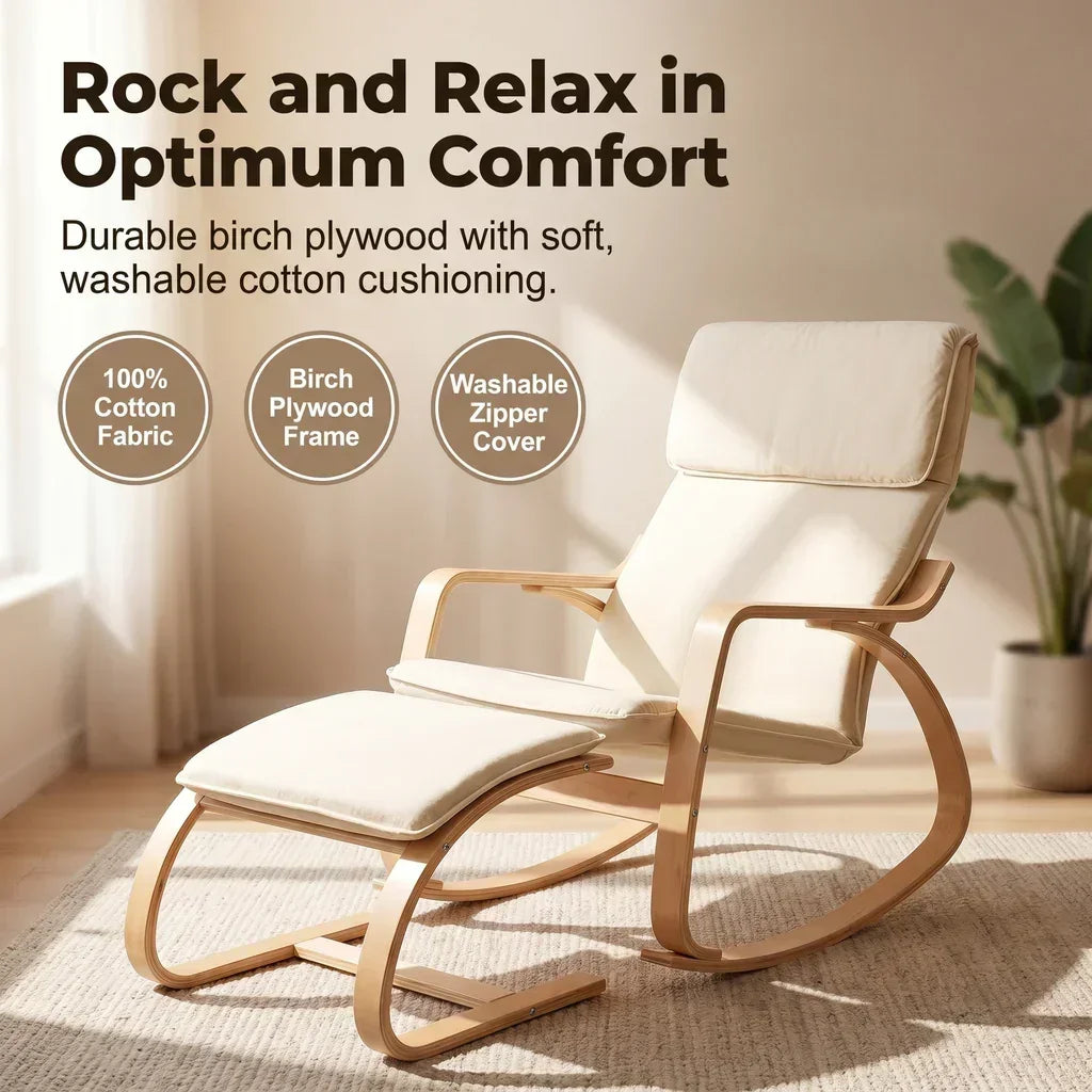 Bentwood Rocking Armchair – Birch Plywood Frame, Cotton Cover, Beige