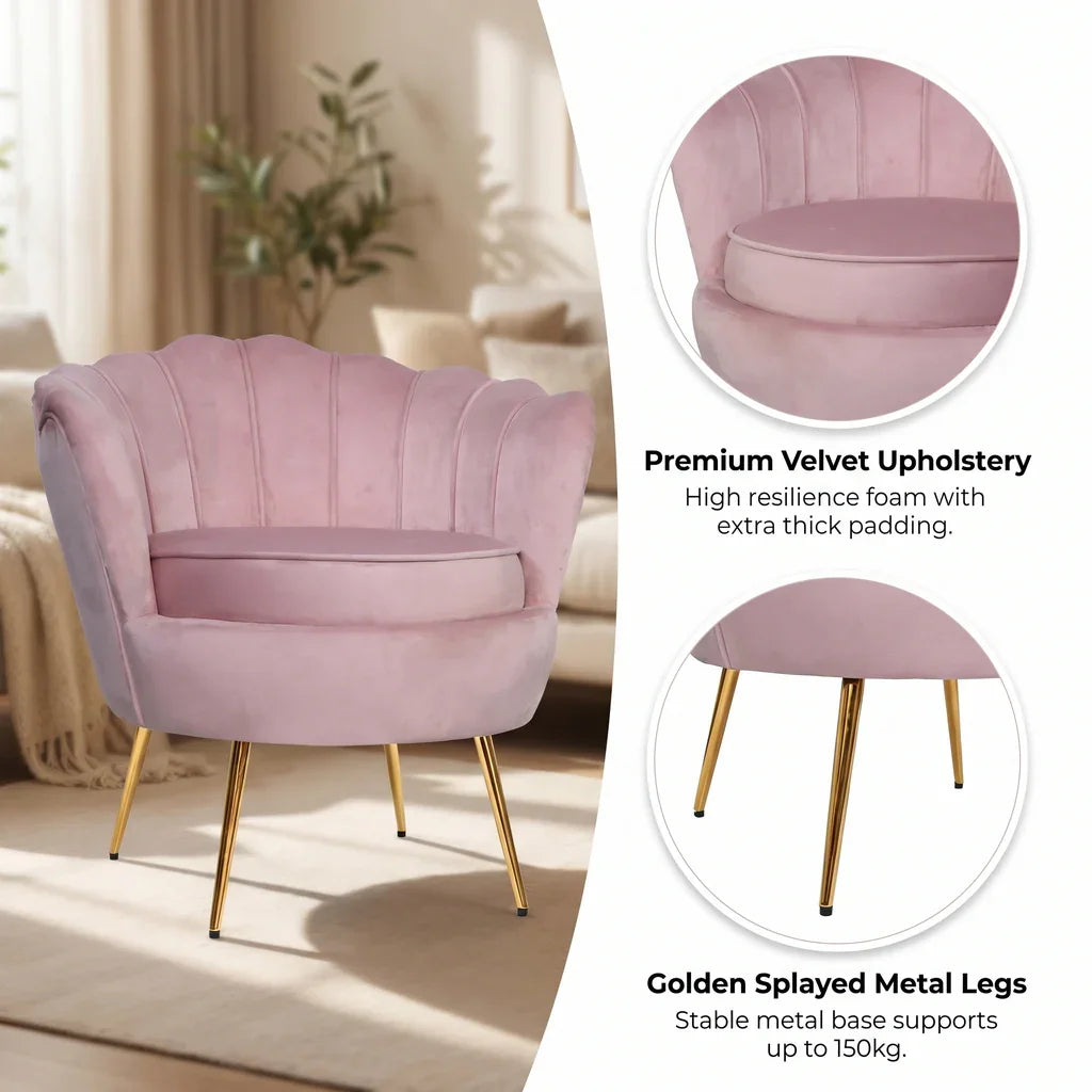 Velvet Shell Accent Armchair – Pink, Gold Legs, 150kg, Scallop Back
