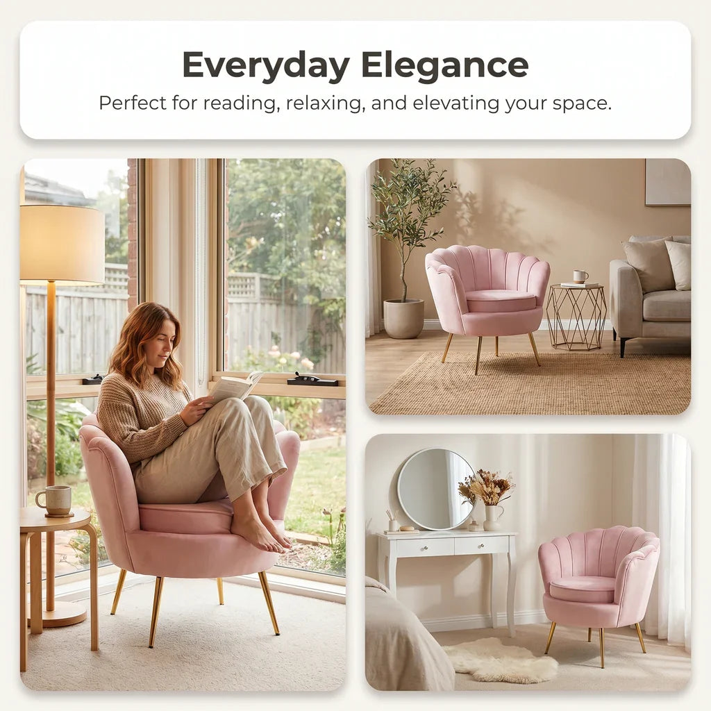 Artiss Velvet Shell Accent Armchair – Pink, Gold Legs, 150kg, Scallop Back