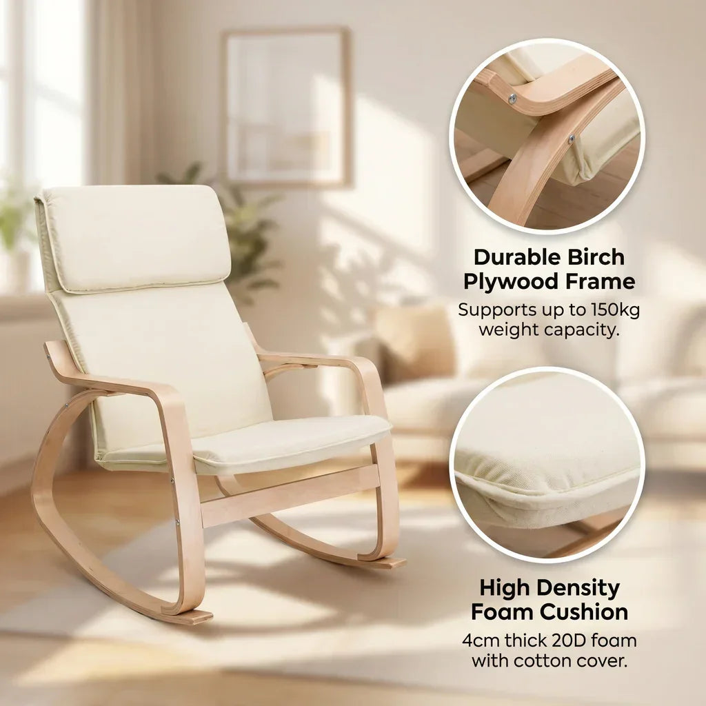 Bentwood Rocking Armchair – Birch Plywood Frame, Cotton Cover, Beige