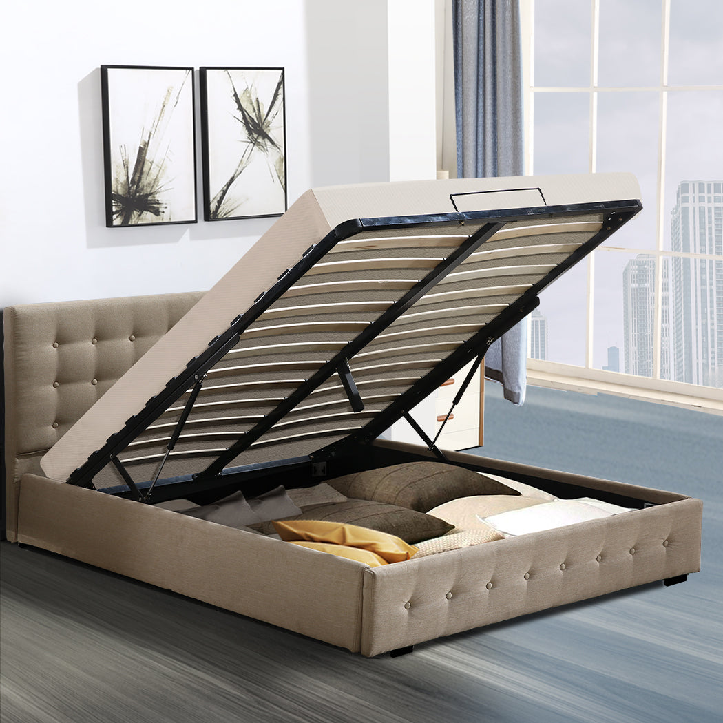 Levede Fabric Bed Frame Double Gas Lift Double Beige-1910113203107532806