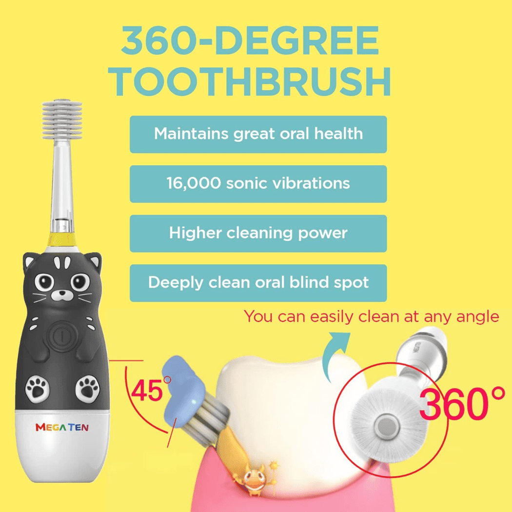 MEGA TEN 360-Degree Kids Electric Toothbrush with LED Light 1-4 Yrs Monkey