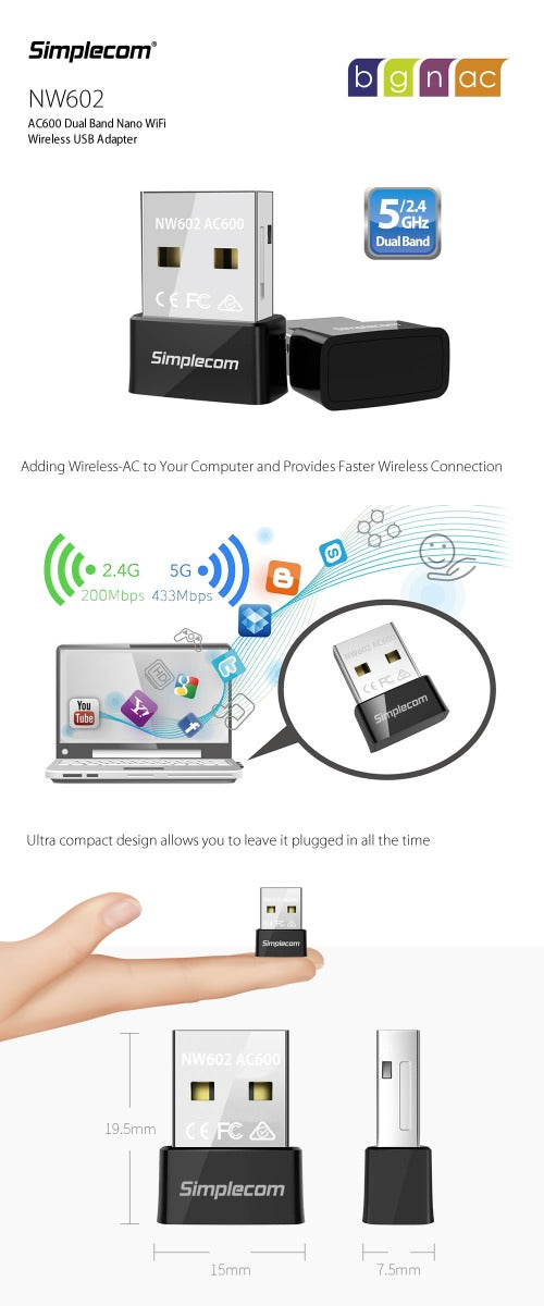 NW602 AC600 Dual Band Nano USB WiFi Wireless Adapter