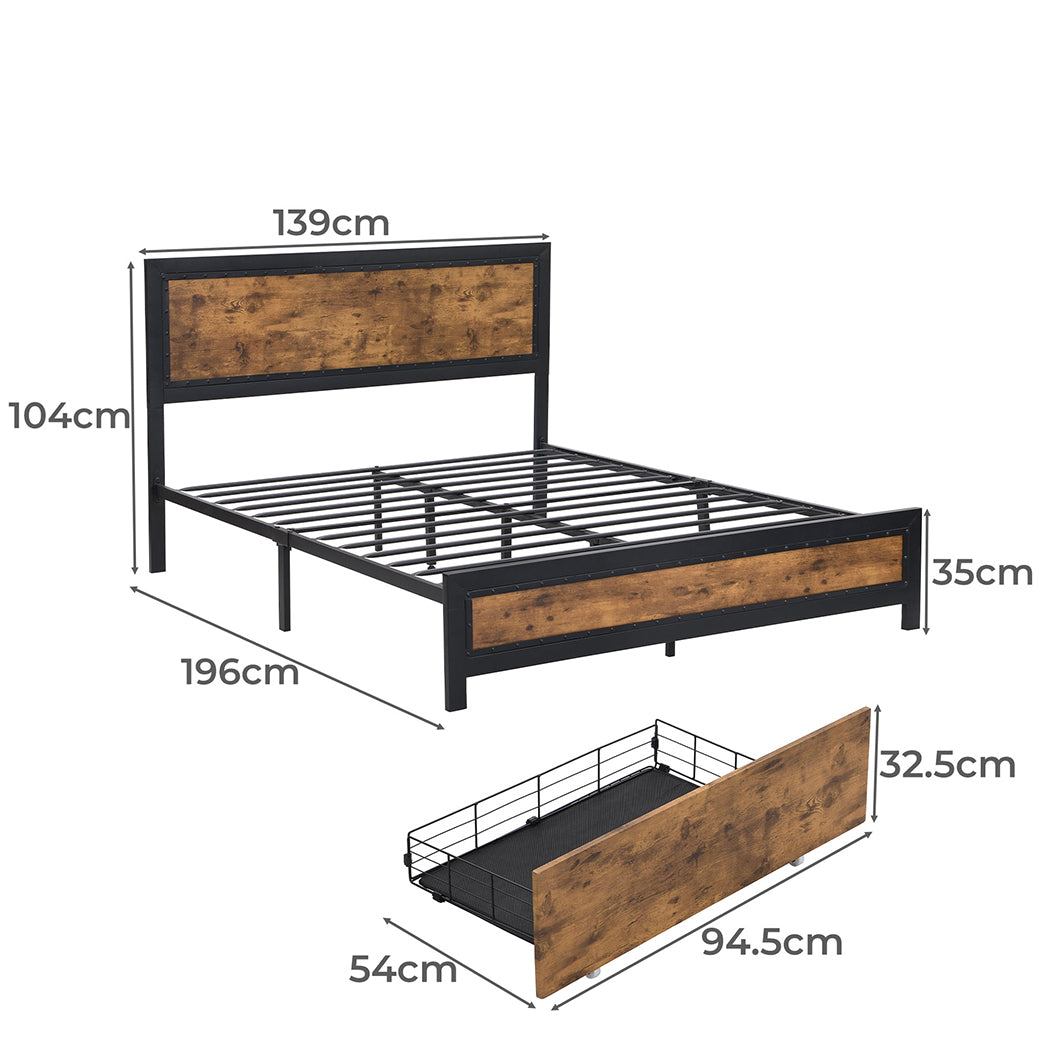 Metal Bed Frame Double Mattress Base Platform Wooden 4 Drawers Rustic