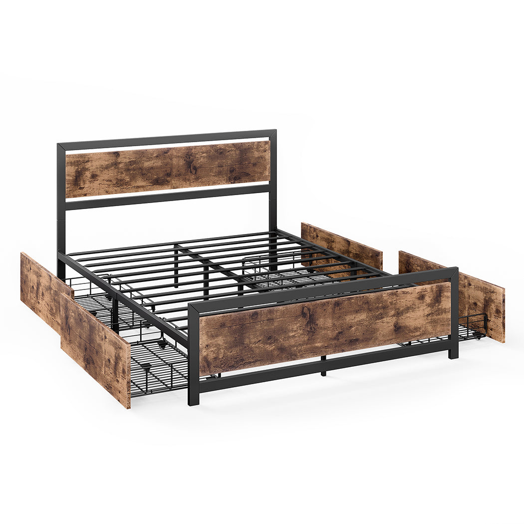 Metal Bed Frame Queen Mattress Base Platform Wooden 4 Drawers Industrial