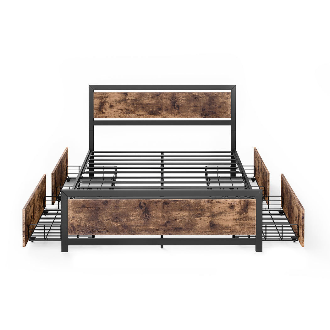 Metal Bed Frame Queen Mattress Base Platform Wooden 4 Drawers Industrial