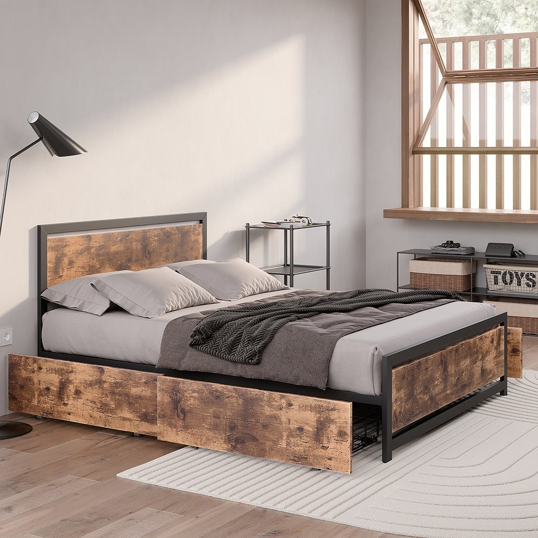 Metal Bed Frame Queen Mattress Base Platform Wooden 4 Drawers Industrial