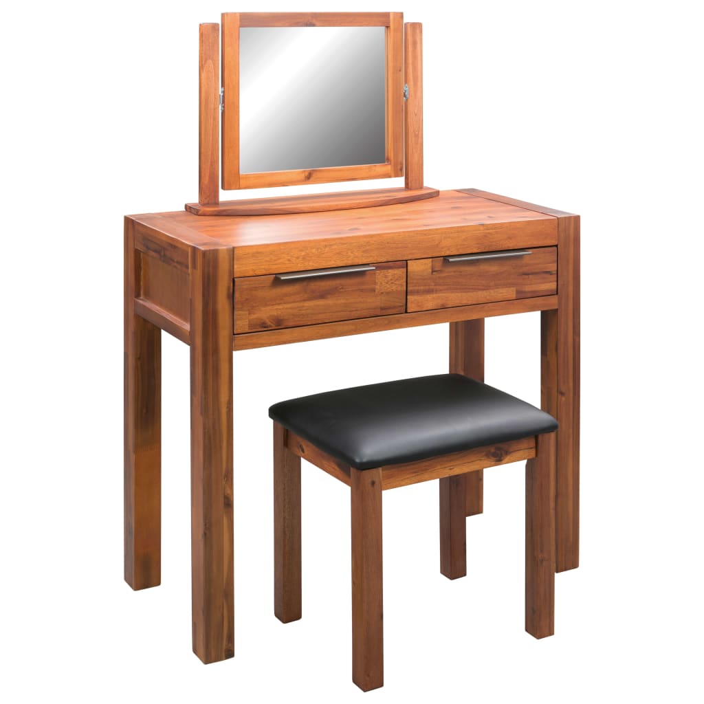 Dressing Table with Stool and Mirror Solid Acacia Wood