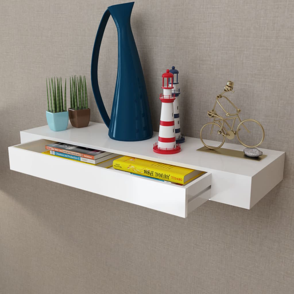 White MDF Floating Wall Display Shelf 1 Drawer Book/DVD Storage