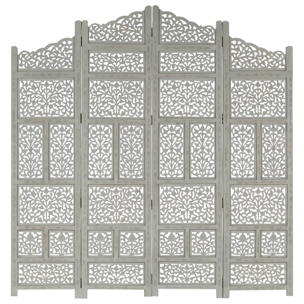 Hand carved 4-Panel Room Divider Grey 160x165 cm Solid Mango Wood