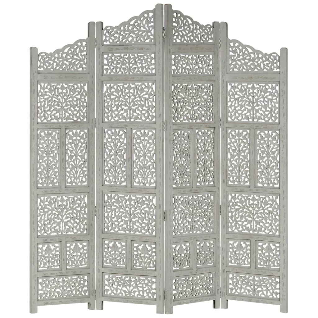 Hand carved 4-Panel Room Divider Grey 160x165 cm Solid Mango Wood