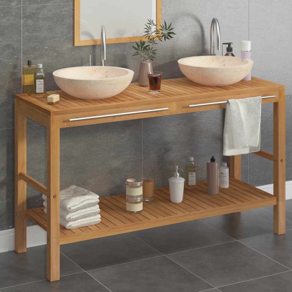 Bathroom Vanity Cabinet Solid Wood Teak with Sinks Marble Cream