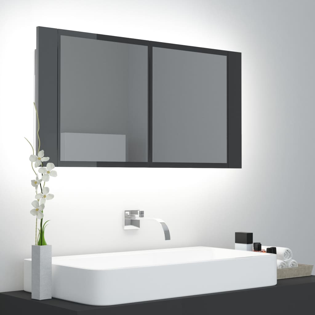 LED Bathroom Mirror Cabinet High Gloss Grey 90x12x45 cm Acrylic