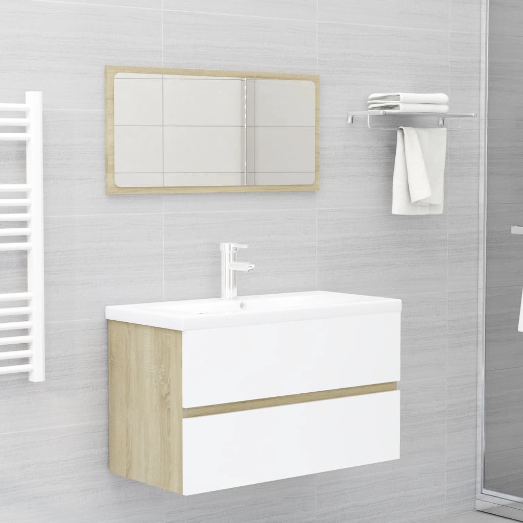 2 Piece Bathroom Furniture Set White and Sonoma Oak Engineered Wood