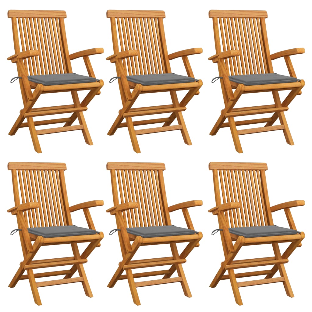 Garden Chairs with Grey Cushions 6 pcs Solid Teak Wood